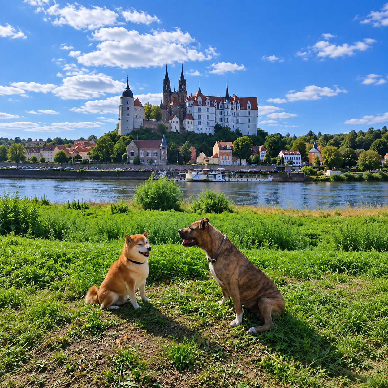 Zwei Hunde an der Elbe vor der Albrechtsburg in Meißen