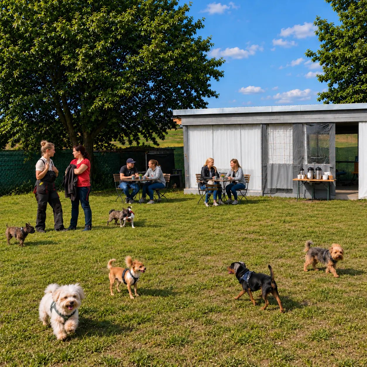 Mini Club: kleine Hunde und Halter auf der Wiese vor dem Hundeplatz-Gebäude