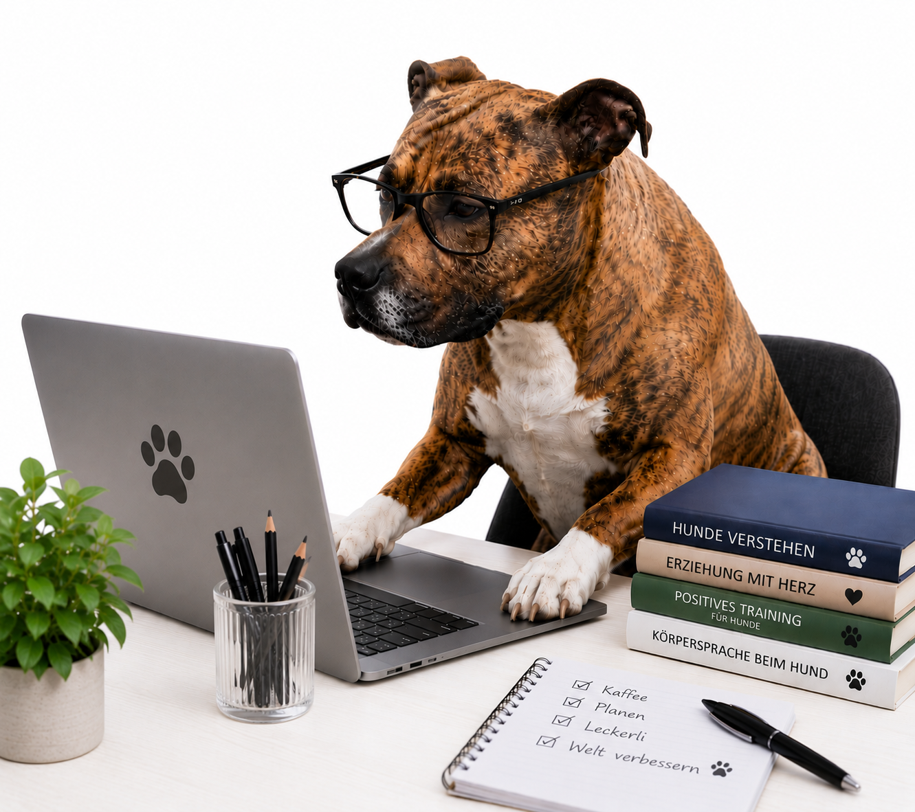 Hund mit Brille am Schreibtisch vor einem Laptop